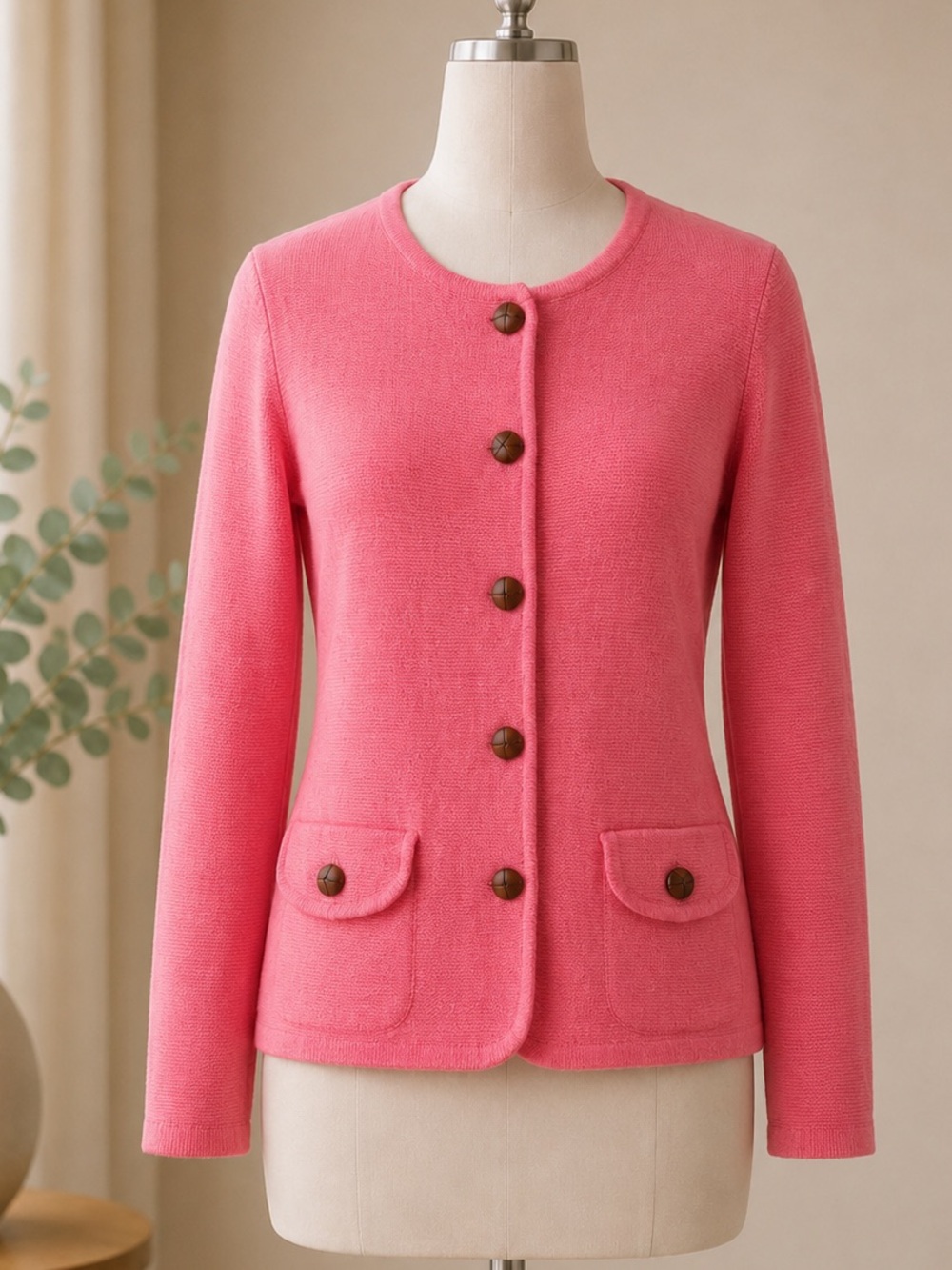 J Crew Wool Cardigan Sweater Flamingo Pink Leather Button Sz Small Preppy
